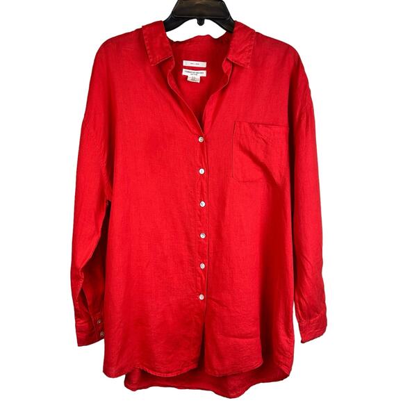 Christian Siriano Linen Shirt Women Medium Bright Red Oversized Minimalist Tunic - Picture 8 of 16